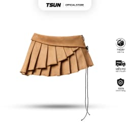 Thumbnail Váy Ngắn Nữ Xếp Ly Vải Da Lộn Màu Nâu - Brand TSUN Chính Hãng - Pleated Leather Mini Skirt 1