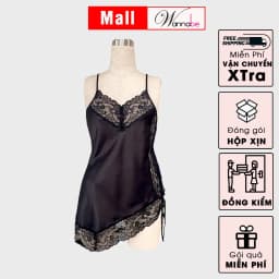 Thumbnail Váy ngủ lụa phối ren Nhật WANNABE đầm ngủ lai ren xéo vạt ngắn quyến rũ gợi cảm DNS15 1