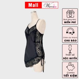 Thumbnail Váy ngủ lụa phối ren Nhật WANNABE đầm ngủ lai ren xéo vạt ngắn quyến rũ gợi cảm DNS15 2