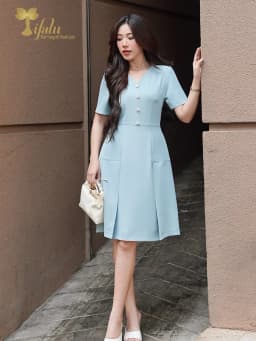 Thumbnail Váy nữ, Đầm chữ A cổ V đính cúc công sở, dự tiệc thanh lịch - ZOL415BLUE 2