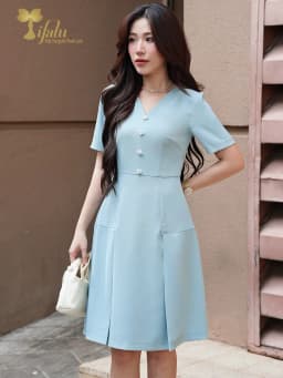 Thumbnail Váy nữ, Đầm chữ A cổ V đính cúc công sở, dự tiệc thanh lịch - ZOL415BLUE 4