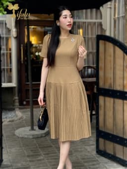 Thumbnail Váy nữ Đầm dự tiệc màu be Zol by TIFALU dáng xòe A chân váy dập ly sang trọng - ZOL725BE 2