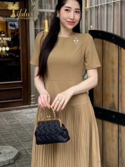 Thumbnail Váy nữ Đầm dự tiệc màu be Zol by TIFALU dáng xòe A chân váy dập ly sang trọng - ZOL725BE 3