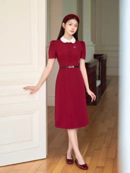 Thumbnail Váy nữ dáng A dài màu đỏ cổ sen trắng tay bồng thêu họa tiết trang trí đính cúc bọc YAME YV631 1