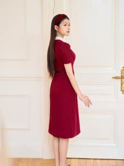 Thumbnail Váy nữ dáng A dài màu đỏ cổ sen trắng tay bồng thêu họa tiết trang trí đính cúc bọc YAME YV631 3