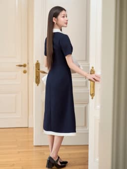 Thumbnail Váy nữ dáng dài cổ sen ngắn tay phối viền trắng đính cúc ngọc và nơ đá trang trí YAME YV620 2