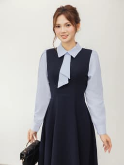 Thumbnail Váy nữ dáng dài màu xanh than phối sơ mi kẻ cổ đức dài tay nơ cổ cách điệu YAME YV595 2
