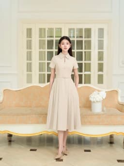 Thumbnail Váy nữ dáng dài ngắn tay màu xanh & be cổ nhọn đính đá cut-out điểm cúc bọc kèm thắt lưng YAME YV624 4
