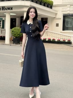 Thumbnail Váy nữ dáng xòe dài cổ sen ngắn tay cúc ngọc trang trí may bèo nhún ngực màu xanh và ghi YAME YV616 1