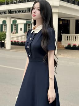 Thumbnail Váy nữ dáng xòe dài cổ sen ngắn tay cúc ngọc trang trí may bèo nhún ngực màu xanh và ghi YAME YV616 3