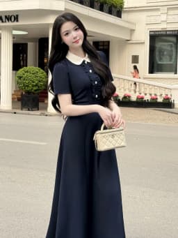 Thumbnail Váy nữ dáng xòe dài cổ sen ngắn tay cúc ngọc trang trí may bèo nhún ngực màu xanh và ghi YAME YV616 4