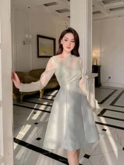 Thumbnail Váy nữ thiết kế cao cấp cổ lệch dài tay vải tafta phối tơ sống dáng A tinh tế, thanh lịch YAME YV272 1