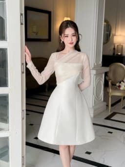 Thumbnail Váy nữ thiết kế cao cấp cổ lệch dài tay vải tafta phối tơ sống dáng A tinh tế, thanh lịch YAME YV272 2
