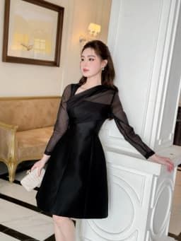 Thumbnail Váy nữ thiết kế cao cấp cổ lệch dài tay vải tafta phối tơ sống dáng A tinh tế, thanh lịch YAME YV272 3