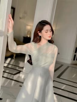Thumbnail Váy nữ thiết kế cao cấp cổ lệch dài tay vải tafta phối tơ sống dáng A tinh tế, thanh lịch YAME YV272 4