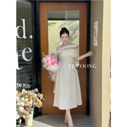 Thumbnail Váy Tiểu Thư Dáng Dài Trễ Vai Thắt Đai   LECOONG V691 Đầm Đẹp Sang Chảnh Màu Đen Be 1