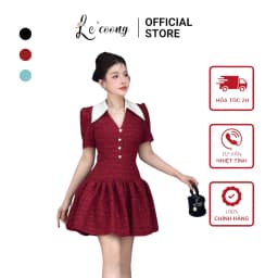 Thumbnail Váy Tiểu Thư Dáng Ngắn Cổ V LECOONG V682  Đầm Đẹp Xòe Bồng Màu Đỏ Đen Xanh 1