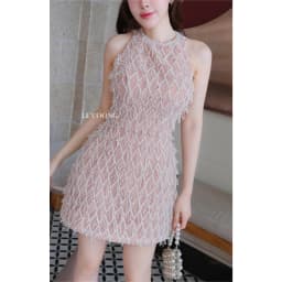 Thumbnail Váy Tiểu Thư Dáng Ngắn Cổ Yếm Màu Hồng LECOONG V767  Đầm Đẹp  Phối Ren Sang Chảnh 4