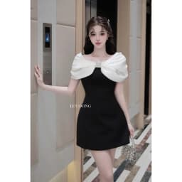 Thumbnail Váy Tiểu Thư Dáng Ngắn Trễ Vai Đính Đá  LECOONG V756 Đầm Thiết Kế Đẹp Phối Đen Be Sang Chảnh 2