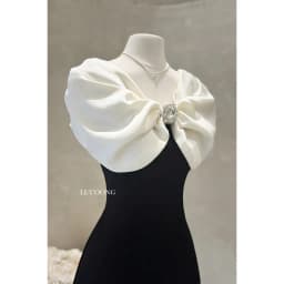Thumbnail Váy Tiểu Thư Dáng Ngắn Trễ Vai Đính Đá  LECOONG V756 Đầm Thiết Kế Đẹp Phối Đen Be Sang Chảnh 4