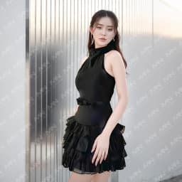 Thumbnail Váy tiểu thư MINA hở lưng ôm body xếp tầng ngắn mini thiết kế cổ lọ dự tiệc, đi chơi chất Cotton Nhật MN259 1