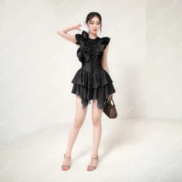 Thumbnail Váy tiểu thư MINA thiết kế cổ tròn dáng xoè bèo chất liệu Cotton phối lụa  - MN296 2