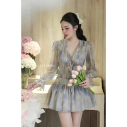 Thumbnail Váy Tiểu Thư Voan Tơ Hồng Xanh Dáng Ngắn Tay Bồng  LECOONG V749  Đầm Hoa Đi Biển Đẹp Sang Chảnh 2