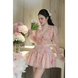 Thumbnail Váy Tiểu Thư Voan Tơ Hồng Xanh Dáng Ngắn Tay Bồng  LECOONG V749  Đầm Hoa Đi Biển Đẹp Sang Chảnh 3