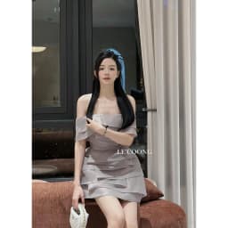 Thumbnail Váy Trễ Vai Dáng Ngắn LECOONG V464 Đầm Dự Tiệc Chất Tơ Xếp Tầng Xám Be 3