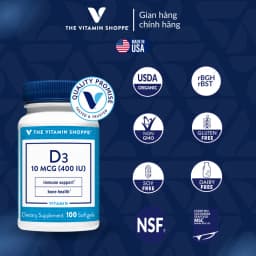 Thumbnail Viên Uống Bổ Sung Vitamin D3, Tăng Cường Hấp Thu Canxi The Vitamin Shoppe 100 viên 400 IU/ 2000 IU 3
