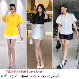 Thumbnail YU CHERRY | Áo sơmi thiết kế nữ tay phồng ngắn giấu nút Puff Shirred Shirt YA489 1