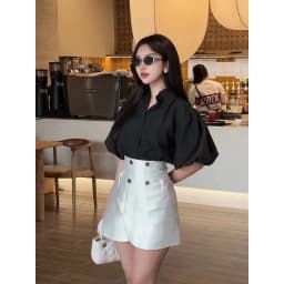 Thumbnail YU CHERRY | Áo sơmi thiết kế nữ tay phồng ngắn giấu nút Puff Shirred Shirt YA489 3