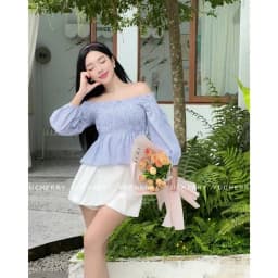 Thumbnail YUCHERRY | Áo Nữ Trễ Vai Chiết Eo WANDA STRIPE TOP YA509 1
