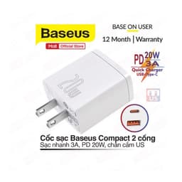 Thumbnail Củ sạc nhanh Baseus Compact Quick Charger PD 20W 2 cổng ( USB + Type C Dual Port, QC 3.0, chân cắm US ) nhỏ gọn 1