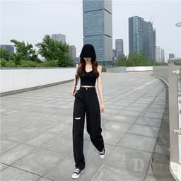 Thumbnail Hot HÀNG Quần Dài Cổ Rách Cao Cấp Denim Plus Size Quần Sàn Thẳng Rời Đơn Giản Lỗ Quần 3
