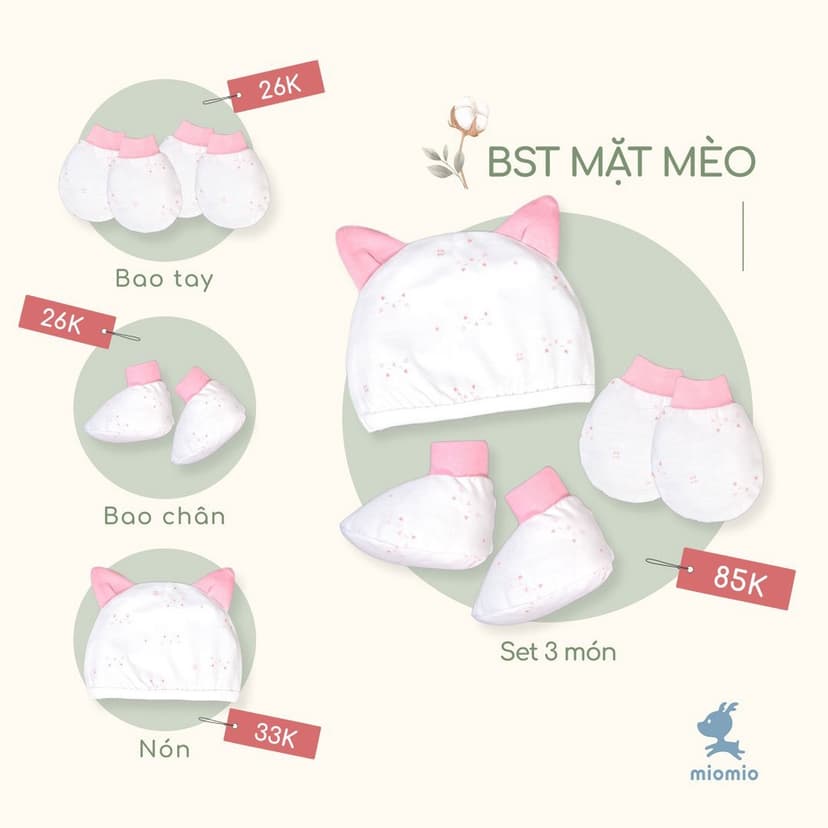 Ảnh Bao Tay Sơ Sinh Bo, Bao Chân Bo, Nón Sơ Sinh MIOMIO Cho Bé Trai, Bé Gái, Vải Cotton 2