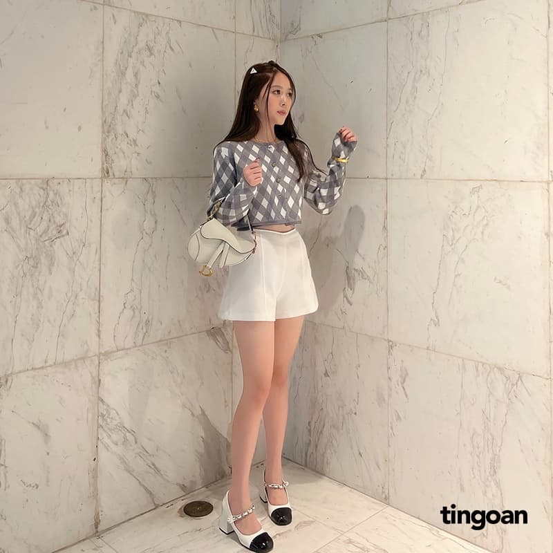 Ảnh TINGOAN®  - Áo cardigan set len xù crop kẻ quả trám có quây xám tingoan LOVE YOU BACK CARDIGAN/GR PHIÊN BẢN MỚI t6.2024 2