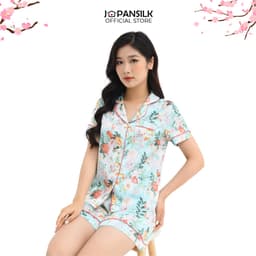 Thumbnail Đồ ngủ bộ Pijama lụa mặc ở nhà JAPAN SILK, áo cộc quần đùi họa tiết hoa loa kèn trắng nền xanh nhẹ dịu tươi mát BC047 1