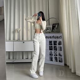 Thumbnail Dadu XS ~ 5XL Quần ống rộng Denim Hàn Quốc Quần jean thông thường phong cách BF Dài eo cao Cắt thẳng Quần jean trơn 2