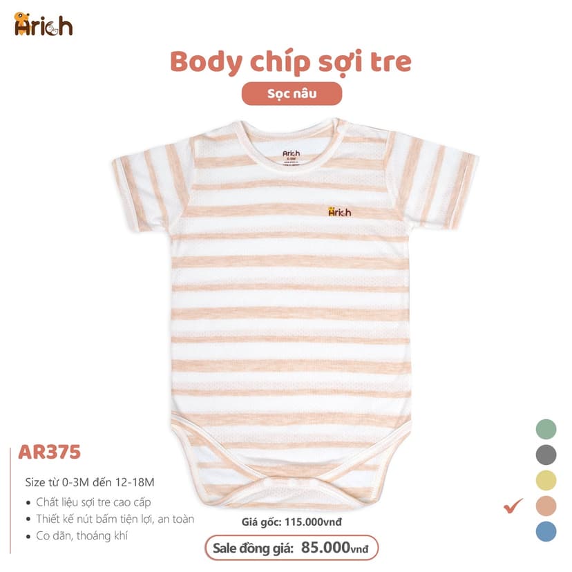 Ảnh Body chip cộc tay phối sọc Arich,vải sợi tre thông hơi, mát, mịn cho bé trai, gái sơ sinh -18 tháng 3