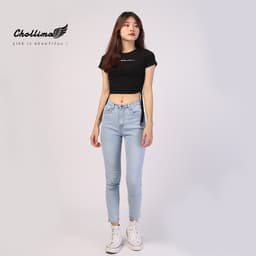 Thumbnail Quần jeans dài nữ co giãn Chollima trơn màu xanh trắng QD024 phong cách hàn quốc 1