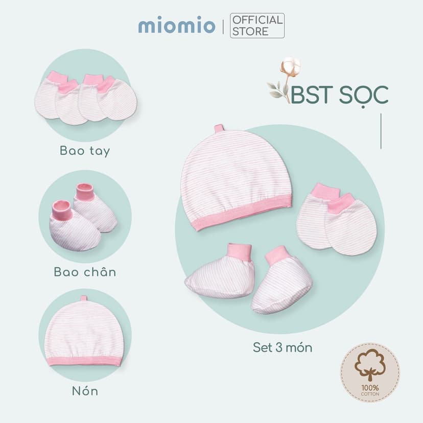 Ảnh Bao Tay Sơ Sinh Bo, Bao Chân Bo, Nón Sơ Sinh MIOMIO Cho Bé Trai, Bé Gái, Vải Cotton 1