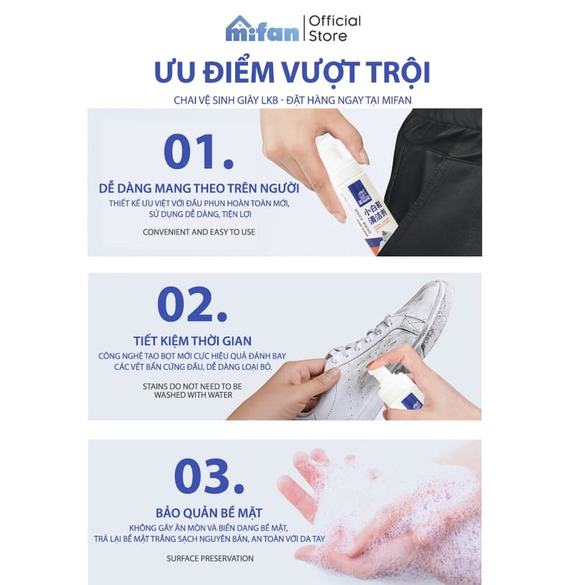 Ảnh Chai Xịt Vệ Sinh Giày Cao Cấp LKB 200ml - Bình Xịt Bọt Làm Sạch, Làm Trắng Giày Dép Siêu Tốc - MIFAN HÀNG CHÍNH HÃNG 2