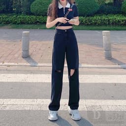 Thumbnail Daduhey Quần jeans lưng cao ống rộng cá tính cho nữ 3