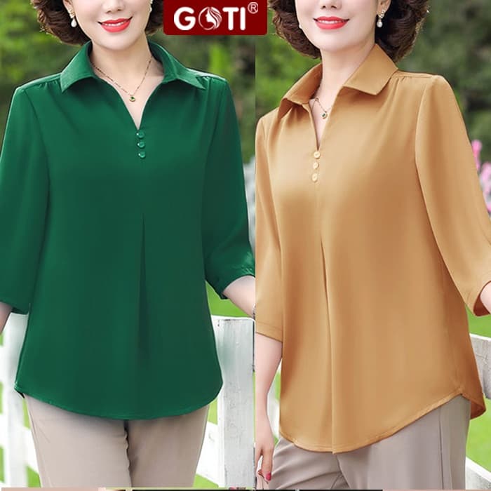 Ảnh GOTI - Áo Sơ Mi Trung Niên Nữ Cao Cấp Cổ Bẻ Tay Lỡ Nhiều Màu Trơn Có Size Tới 80 Kg 3A01 1