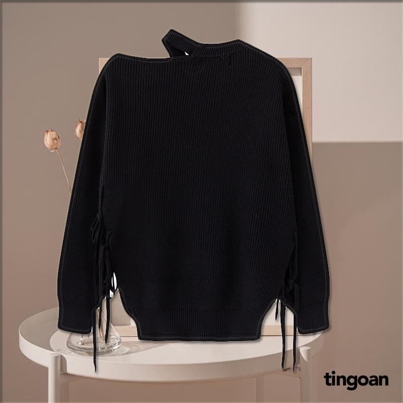 Ảnh TINGOAN® - Áo len xù trễ vai một bên xẻ vạt buộc dây đen AFTER YOU SWEATER/BL 2