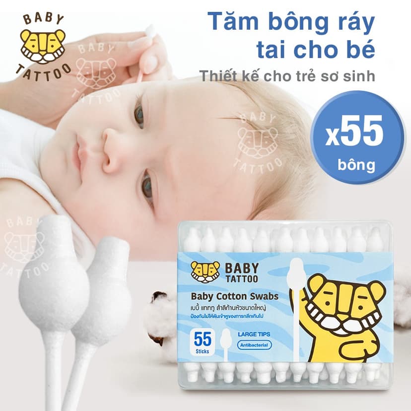 Ảnh BABY TATTOO Bông Tăm Nụ Bông Đầu To Cho Bé, 55 cây/ hộp 2