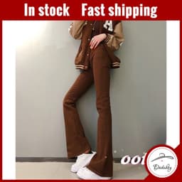 Thumbnail quần dài nữ quần jean bó màu nâu co giãn cạp cao mảnh mai quần jean ống loe 1