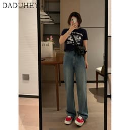Thumbnail Daduhey Quần jean ống rộng lưng cao phong cách Hàn Quốc không có thắt lưng thời trang cho nữ 3