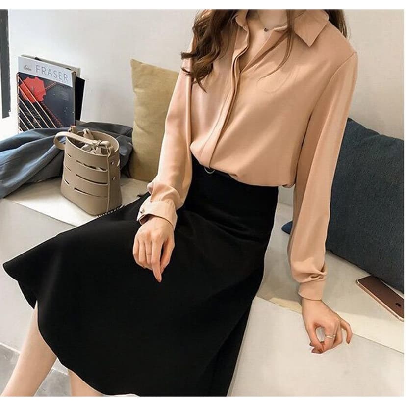 Ảnh GOTI - Áo Kiểu Hàn Quốc Nữ Tính Vải Tơ Nhung Cao Cấp Cổ Sơ Mi Tay Dài - Nhiều Màu 3119 4